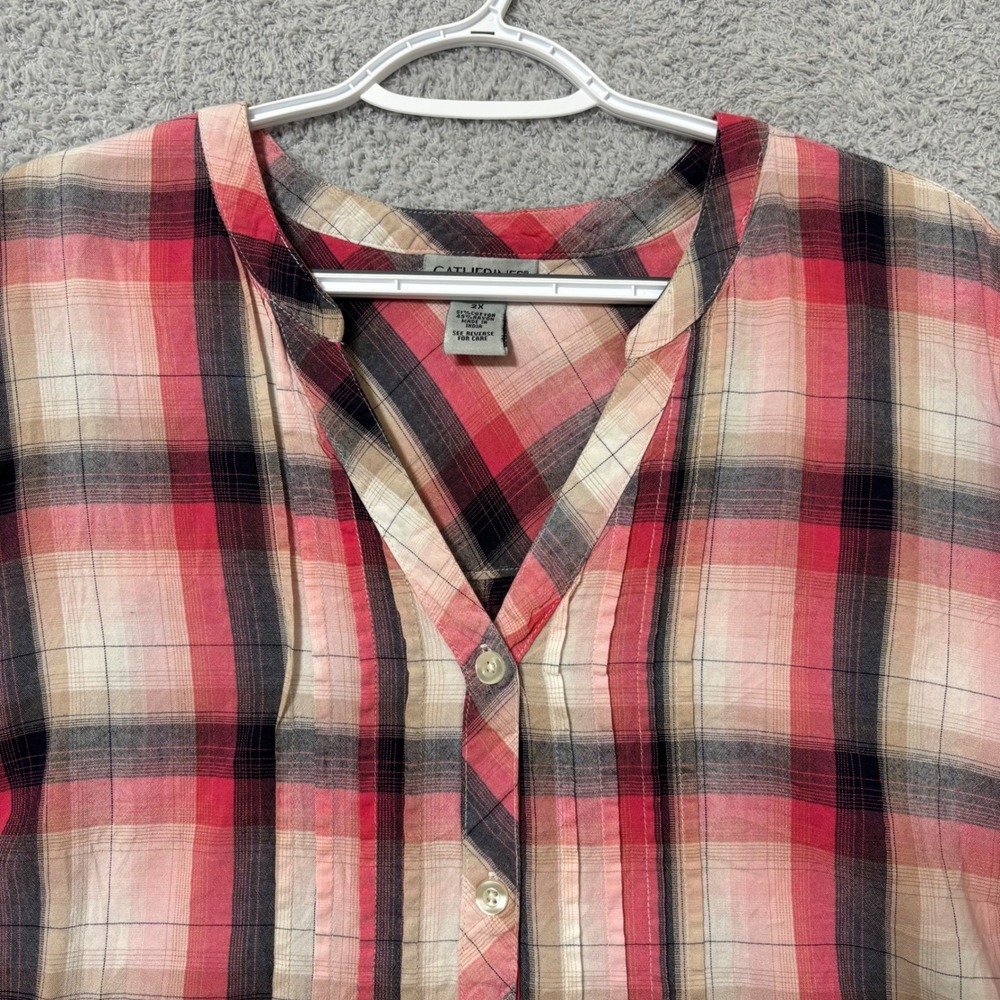 Everyday Comfortable Plaid Button Front Blouse Cotton Blend Lightweight Plus 2X - Picture 3 of 9